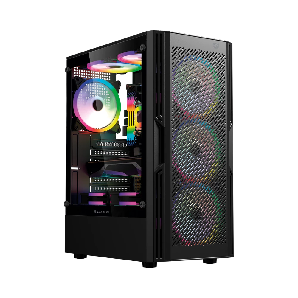 Gabinete Balam Rush Dragonfly Ventra GM570 Negro Gamer Compact Media Torre ATX 4xVentiladores ARGB Cristal templado frente tipo malla