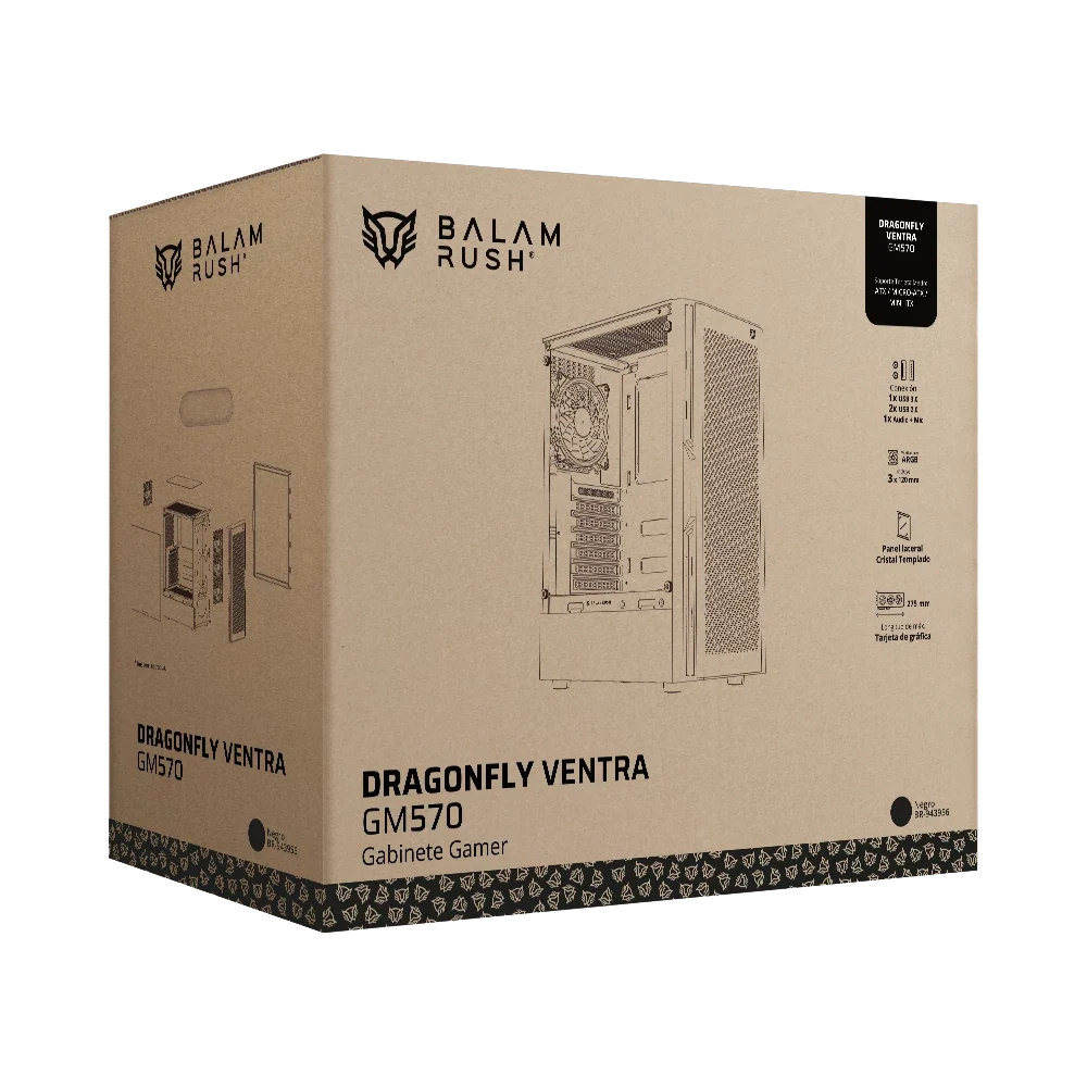 Gabinete Balam Rush Dragonfly Ventra GM570 Negro Gamer Compact Media Torre ATX 4xVentiladores ARGB Cristal templado frente tipo malla