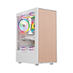 Gabinete Balam Rush Dragonfly Wood GM580 Blanco Gamer Compact Media Torre ATX 4xVentiladores ARGB Cristal templado frente con acabado tipo madera