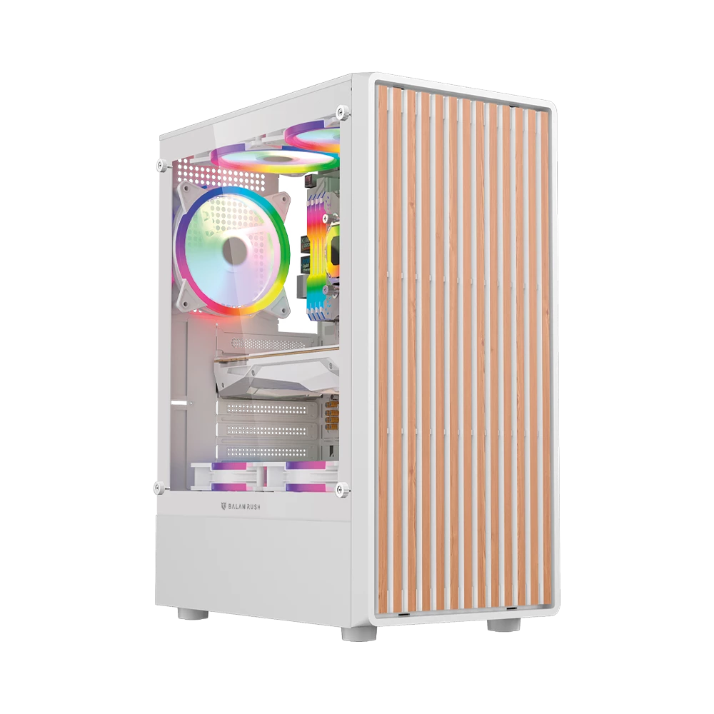 Gabinete Balam Rush Dragonfly Wood GM580 Blanco Gamer Compact Media Torre ATX 4xVentiladores ARGB Cristal templado frente con acabado tipo madera