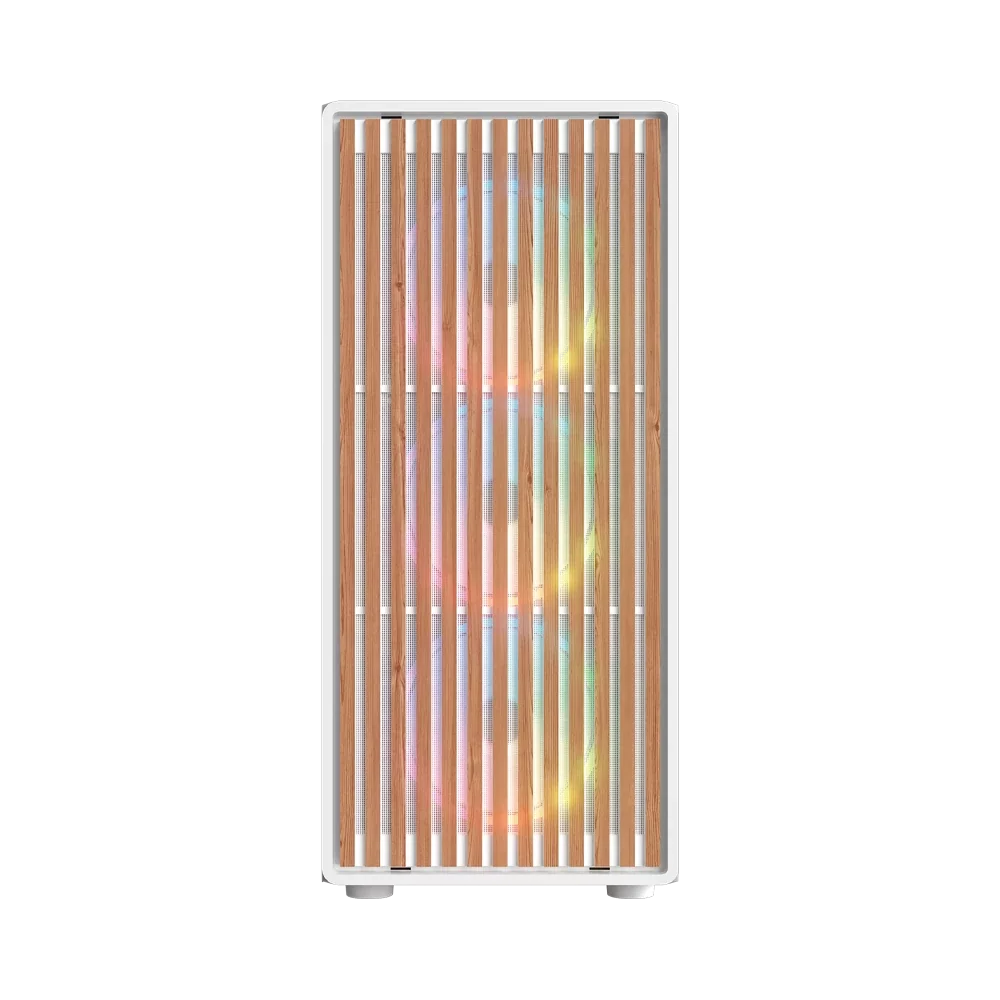 Gabinete Balam Rush Dragonfly Wood GM580 Blanco Gamer Compact Media Torre ATX 4xVentiladores ARGB Cristal templado frente con acabado tipo madera