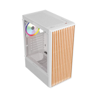 Gabinete Balam Rush Dragonfly Wood GM580 Blanco Gamer Compact Media Torre ATX 4xVentiladores ARGB Cristal templado frente con acabado tipo madera