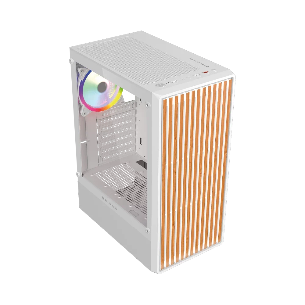 Gabinete Balam Rush Dragonfly Wood GM580 Blanco Gamer Compact Media Torre ATX 4xVentiladores ARGB Cristal templado frente con acabado tipo madera