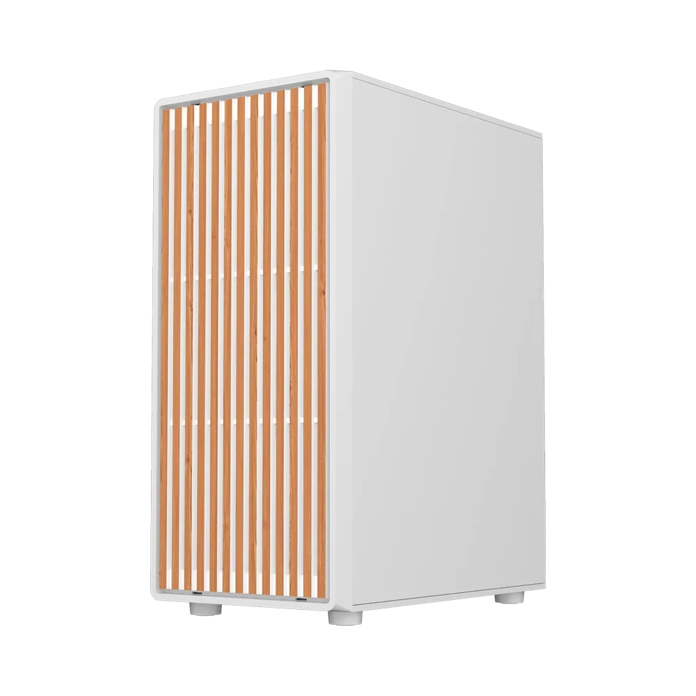 Gabinete Balam Rush Dragonfly Wood GM580 Blanco Gamer Compact Media Torre ATX 4xVentiladores ARGB Cristal templado frente con acabado tipo madera