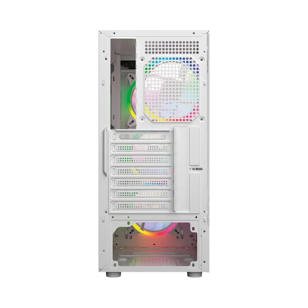 Gabinete Balam Rush Dragonfly Wood GM580 Blanco Gamer Compact Media Torre ATX 4xVentiladores ARGB Cristal templado frente con acabado tipo madera