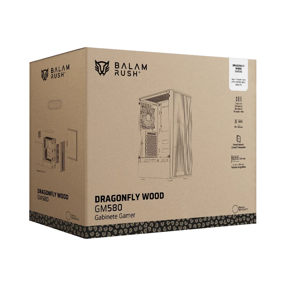 Gabinete Balam Rush Dragonfly Wood GM580 Blanco Gamer Compact Media Torre ATX 4xVentiladores ARGB Cristal templado frente con acabado tipo madera