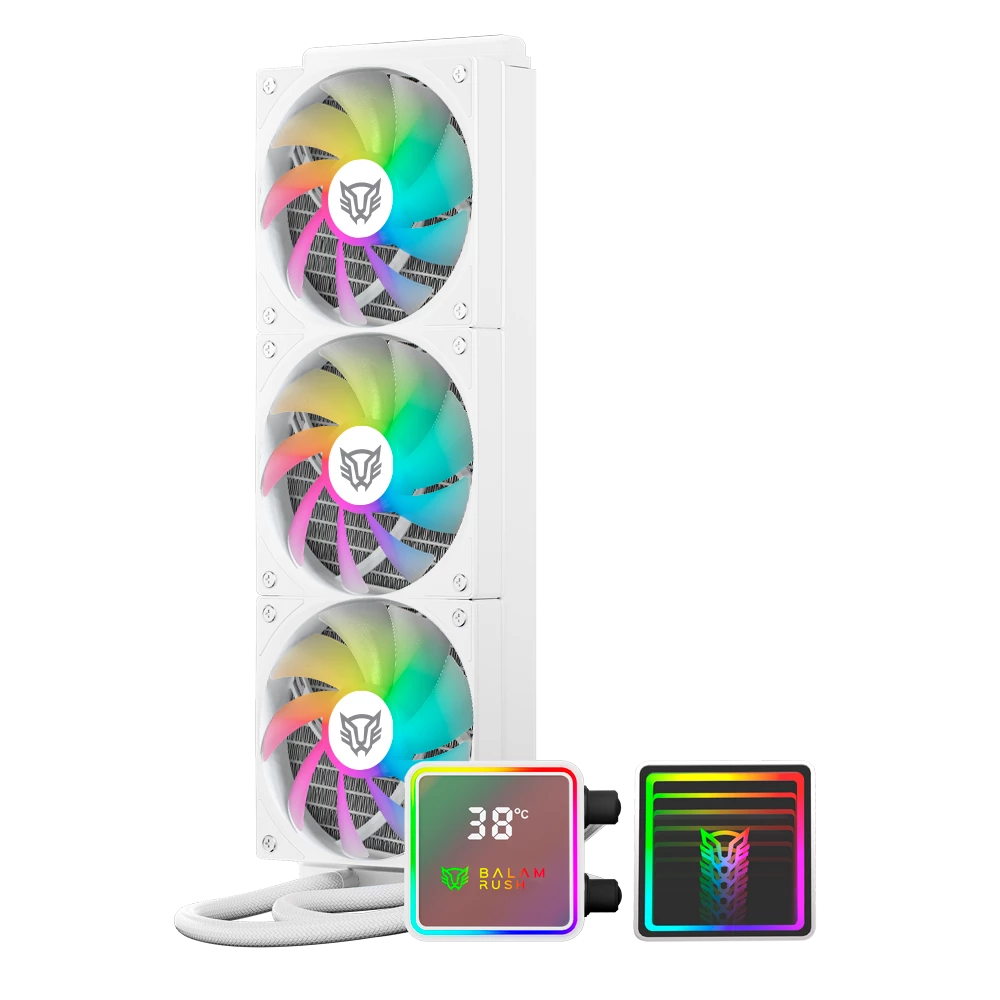 Enfriamiento Liquido Balam Rush Cryo Prism 360 Blanco Display para monitoreo de temperatura ARGB 3x Vent 120 mm 300w