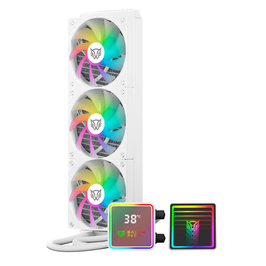 Enfriamiento Liquido Balam Rush Cryo Prism 360 Blanco Display para monitoreo de temperatura ARGB 3x Vent 120 mm 300w