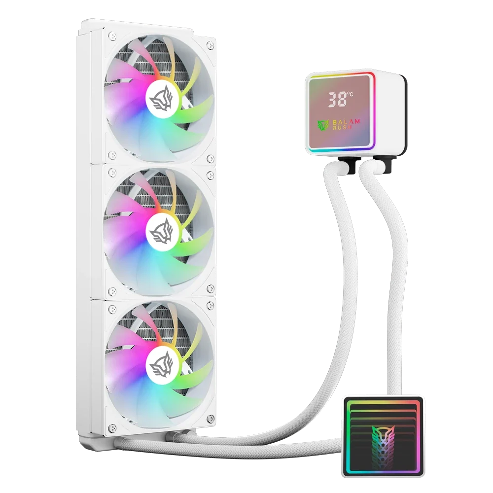 Enfriamiento Liquido Balam Rush Cryo Prism 360 Blanco Display para monitoreo de temperatura ARGB 3x Vent 120 mm 300w