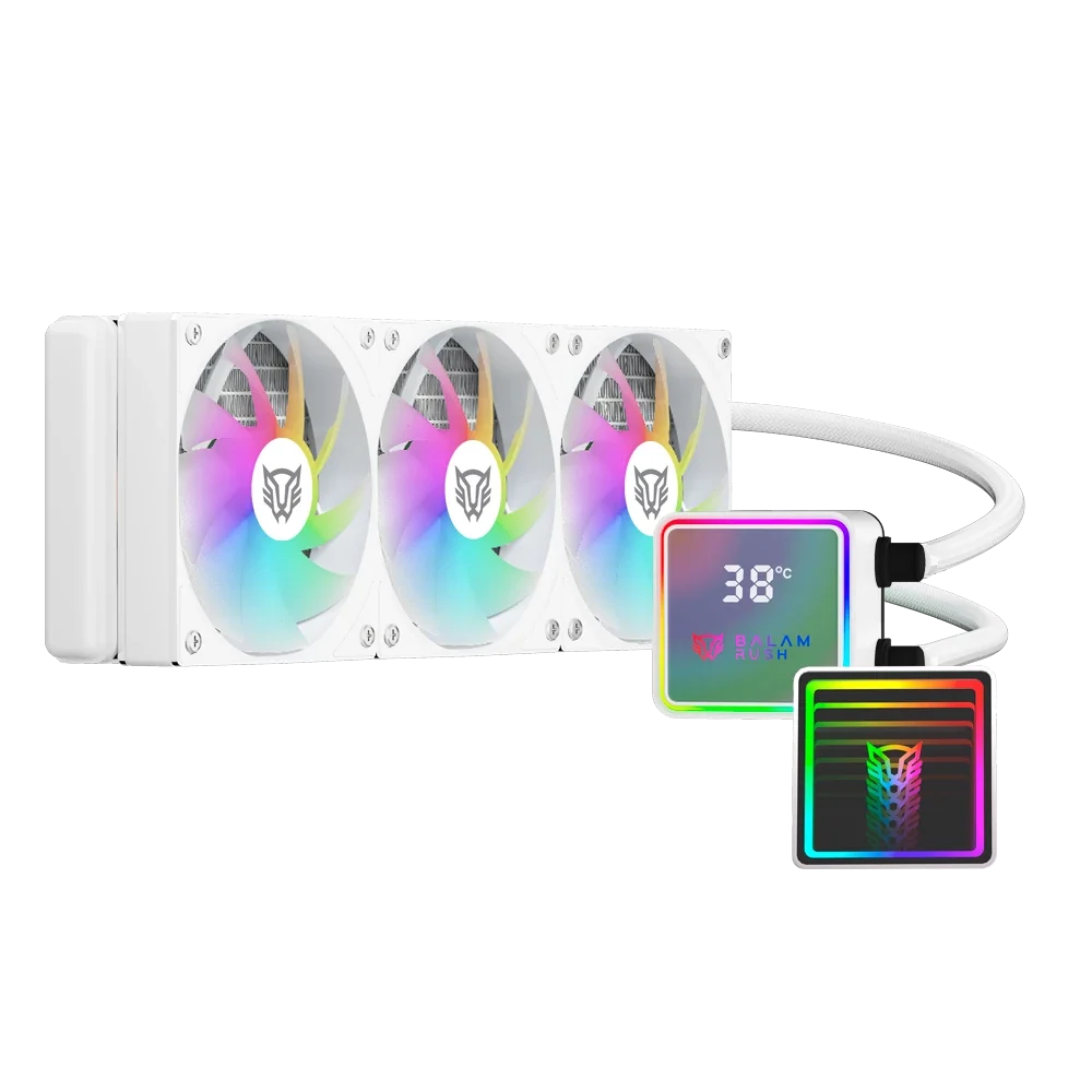 Enfriamiento Liquido Balam Rush Cryo Prism 360 Blanco Display para monitoreo de temperatura ARGB 3x Vent 120 mm 300w