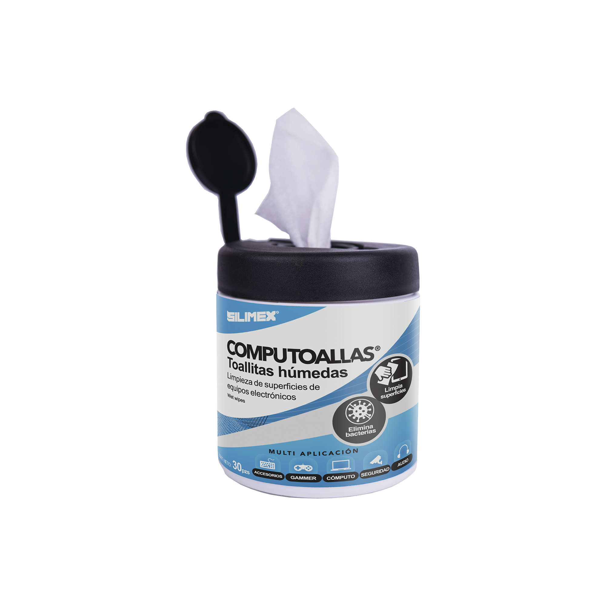Toallas humedas antibacteriales, para limpieza de gabinetes, equipos de computo, audio, vi­deo y telefonia, 30 piezas
