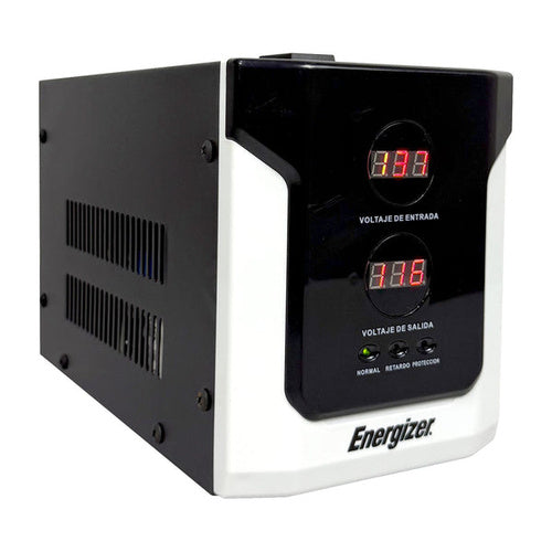 Regulador Energizer ERENRLB25VA de 2500 VA 1500 Watts línea blanca 2 contactos aterrizados 2 medidores digitales corriente 15A 90-145 V