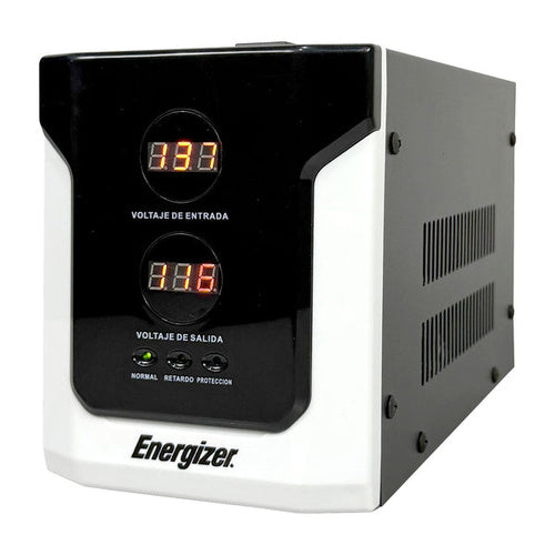 Regulador Energizer ERENRLB25VA de 2500 VA 1500 Watts línea blanca 2 contactos aterrizados 2 medidores digitales corriente 15A 90-145 V