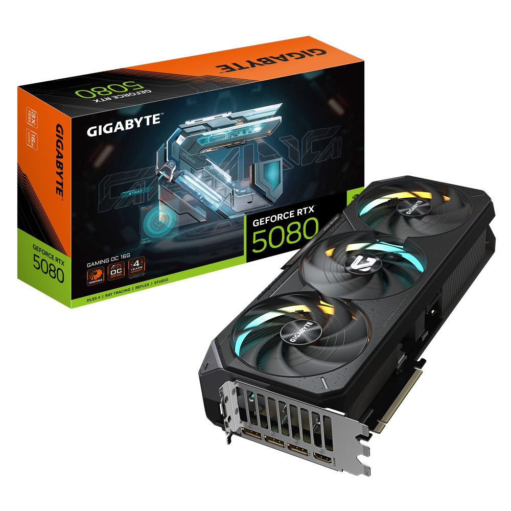 Tarjeta De Video GIGABYTE 16GB GeForce RTX 5080 GAMING RGB OC — 3xFan / GDDR7 / DLSS 4 / 2xHDMI / 3xDP — Modelo GV-N5080GAMING OC-16GD