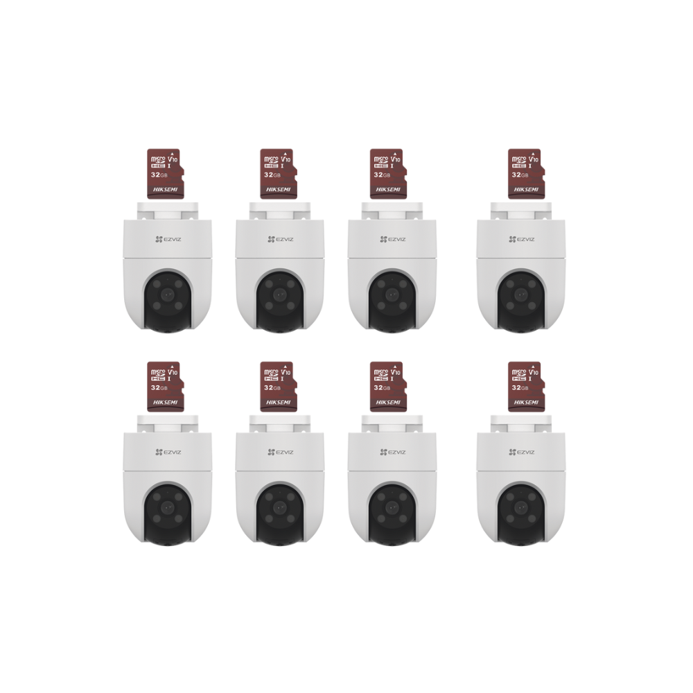 Kit cámaras WiFi 8x CS-H8C + 8x HS-TF-E1/32G audio dos vías detección movimiento luz blanca sirena exterior con protección