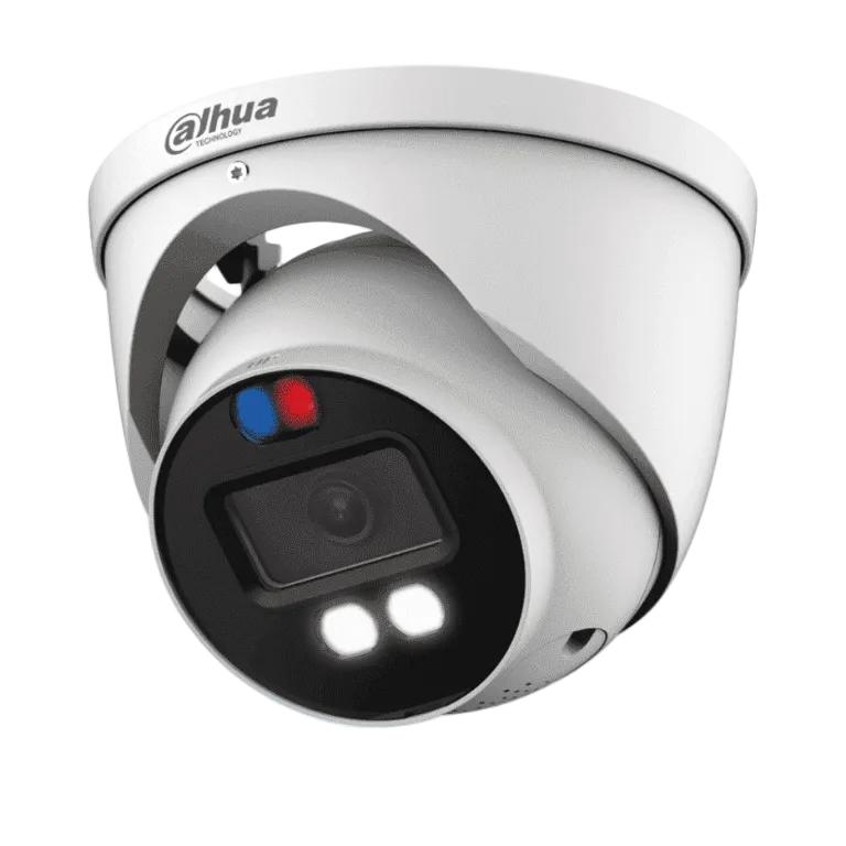 Dahua DH-HAC-ME1809HN-A-PV Cámara Domo TiOC 4K Disuasión Activa Iluminador Dual Inteligente Full Color Luz Roja Azul Lente 2.8mm 106° Iluminación IR + Visible 40M Micrófono Integrado IP67