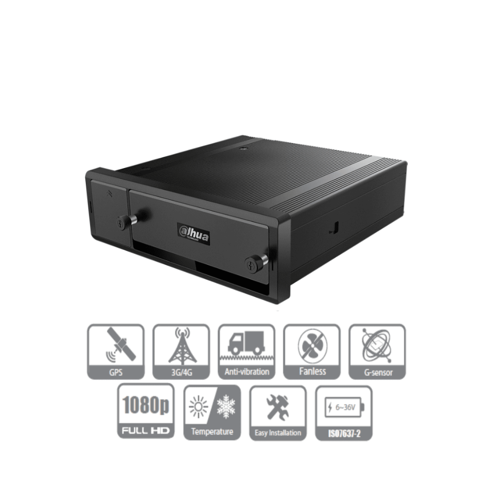 DVR Móvil Dahua MXVR4104-GFW - 4 Canales HDCVI 1080p + 4 Canales IP, H.265, GPS, 4G, WiFi, Soporta 1 HDD 2.5" hasta 2TB + 1 Tarjeta SD