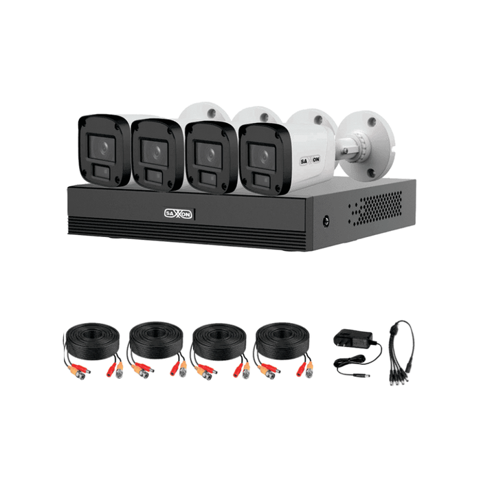 SAXXON SUA-KIT/XVR1E04-I/4-B20P-0280B - Kit 4 Canales HDCVI 1080P/ 4 Camaras B20P 2.8mm Apertura Hasta 100°/ Grabador Soporta Hasta 5 Canales IP y Deteccion de Movimiento Inteligente/ Policarbonato