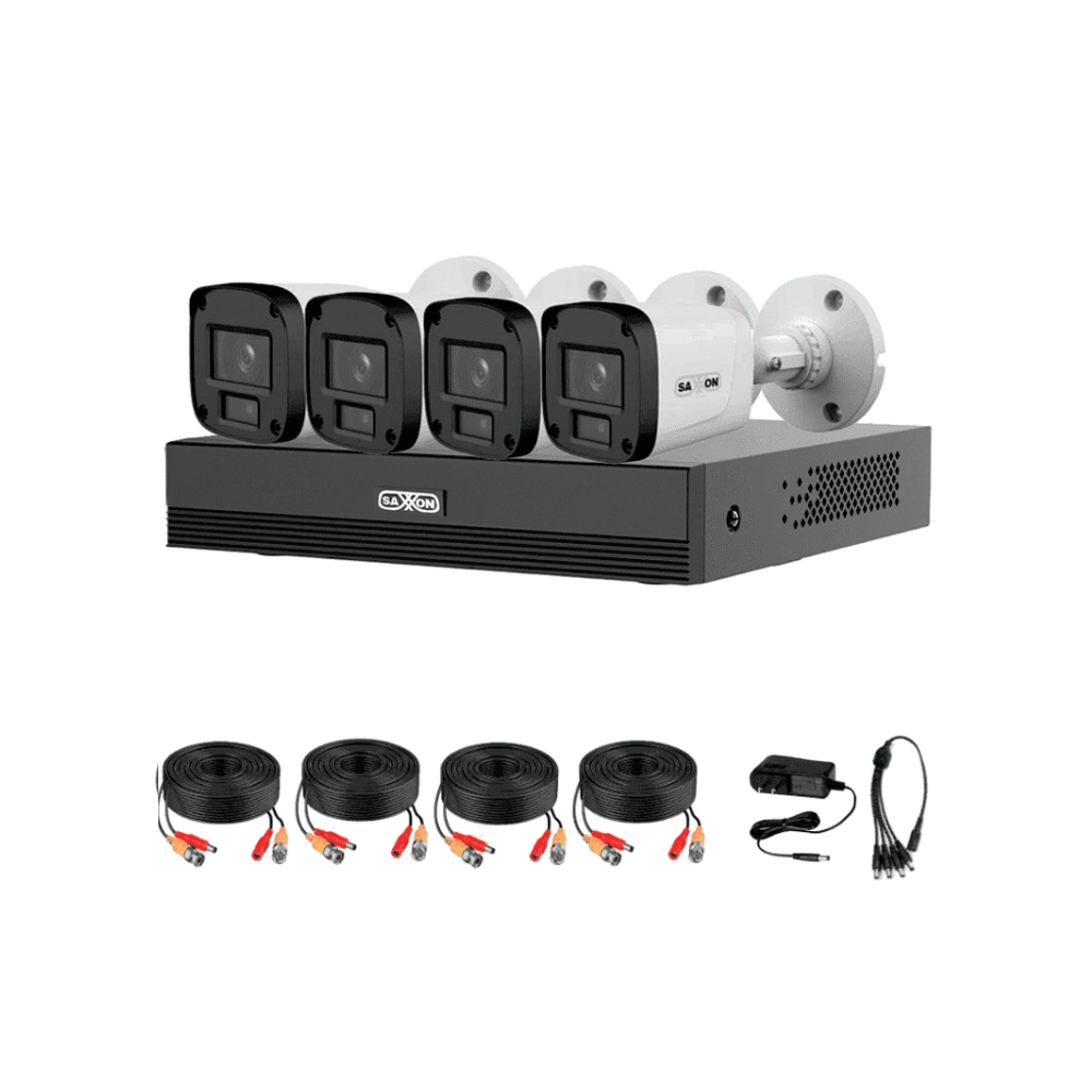 SAXXON SUA-KIT/XVR1E04-I/4-B20M-0280B -Kit de 4 Canales HDCVI 1080P/4 Cámaras B20M de 2.8mm con Campo de Visión de Hasta 100°/ Grabador Soporta Hasta 5 Canales IP y Detección de Movimiento Inteligente/Cámaras Fabricadas en Metal de Alta Duración#GSA #SAXI