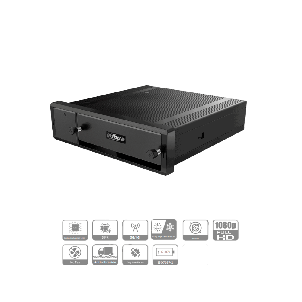DVR Móvil Dahua DHI-MXVR4104-GFI - 4 Canales HDCVI 1080p + 4 Canales IP, H.265, GPS, 4G, Soporta 1 HDD de 2.5" y 1 Tarjeta SD