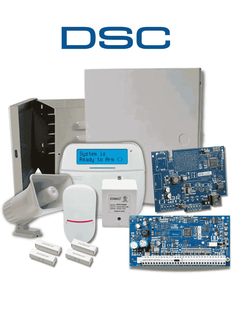 Paquete Serie DSC NEO-LCD-SIRENA-IP-SB- con panel HS2032, Teclado Alfanumérico HS2LCDN con Sirena de 30W, Comunicador IP TL280E, Sensor PIR y 2 Contactos Magnéticos.