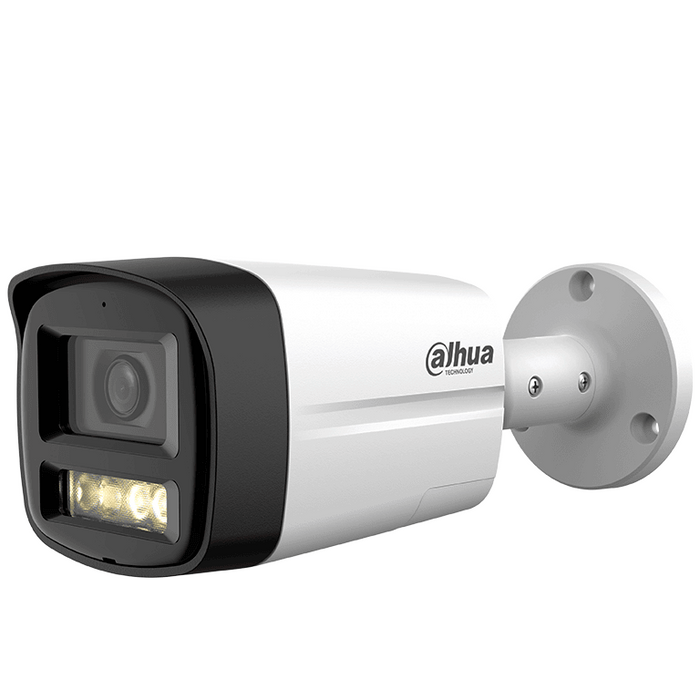 Dahua DH-HAC-HFW1500TLMN-IL-T Cámara Bullet 5MP Audio Bidireccional Iluminador Dual Inteligente IR + Luz Cálida 40M 3DNR Lente 2.8mm IP67 Policarbonato + Metal