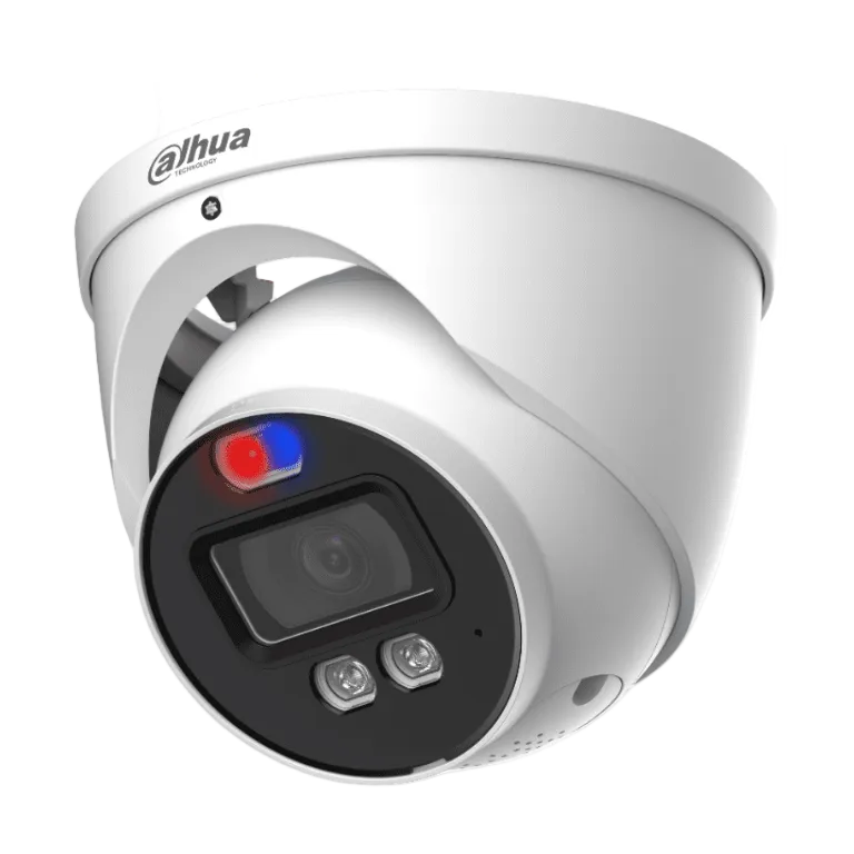 Dahua HAC-ME1239HN-A-PV Cámara Domo TiOC 2MP Disuasión Activa Luz Roja Azul Lente 3.6mm Super Adapt Micrófono + Altavoz Integrados Iluminación IR + Cálida 40M Metálica IP67