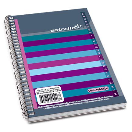 Libreta Estrella 1/8 Espiral Raya C/Indice 100 Hojas