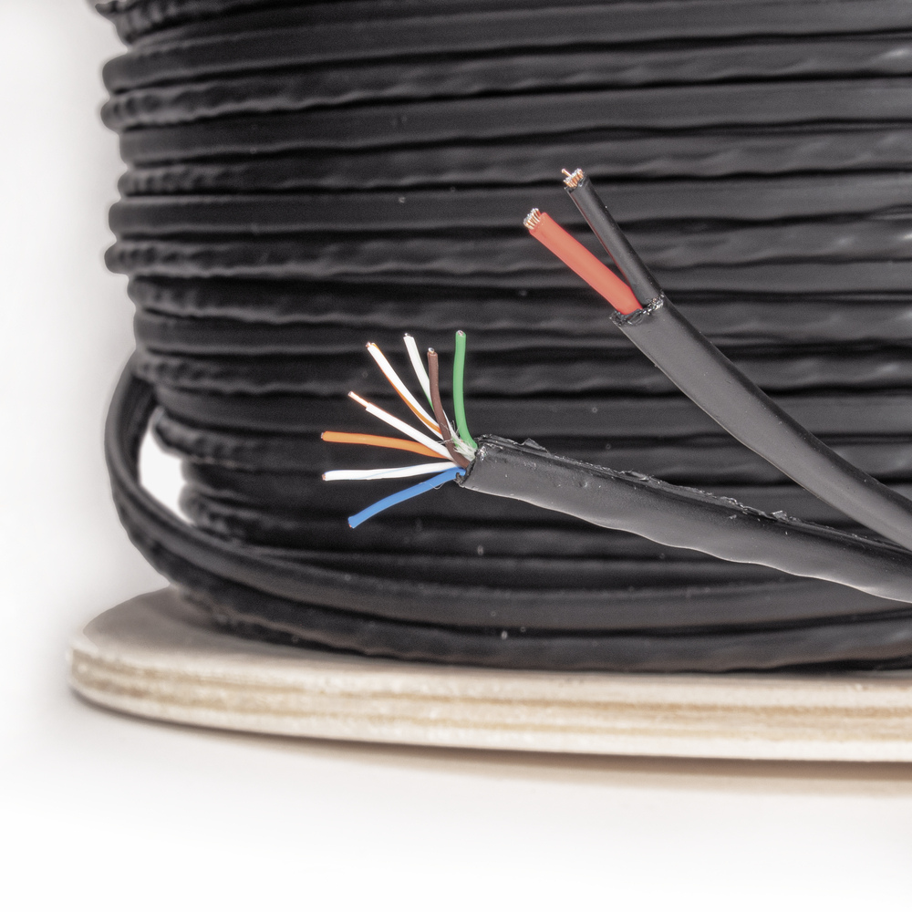 Bobina de Cable Siamés Cat5E CCA + 2 Cables 16 AWG para Cámaras, 305m, Exterior Industrial Climas Extremos