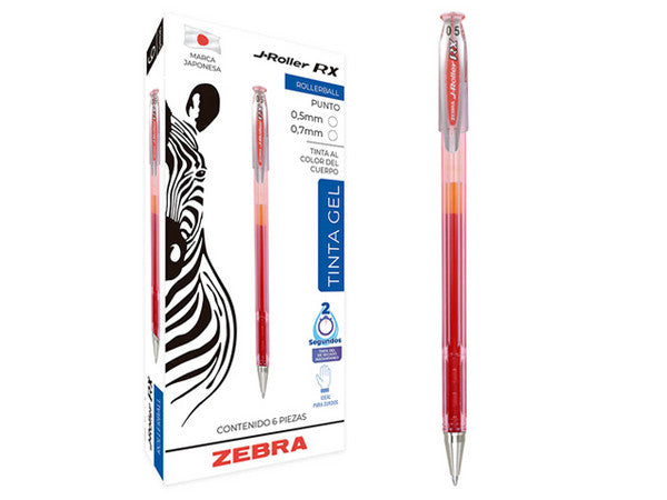 Bolígrafo Zebra J Roller Rx Punto Mediano 0.7Mm Tinta Gel Color Rojo C/6 Pzas