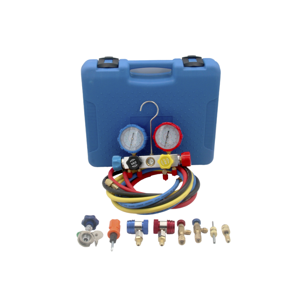 Juego de Manómetros para Aire Acondicionado con Doble Válvula, Adaptadores Rápidos y Mangueras de 1.5m – Compatible con R410A, R32, R134A y R22