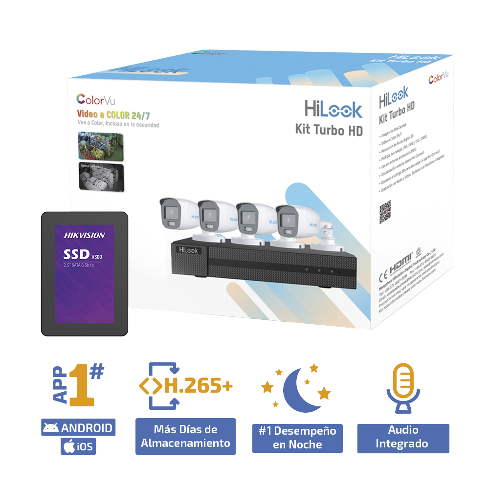 Kit TurboHD 1080p + SSD 1 TB / DVR 4 Canales / 4 Cámaras Bala ColorVu con Micrófono Integrado / Fuente de Poder / Accesorios de Instalación