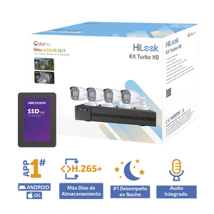 Kit TurboHD 1080p + SSD 1 TB / DVR 4 Canales / 4 Camaras Bala ColorVu con Microfono Integrado / Fuente de Poder / Accesorios de Instalacion
