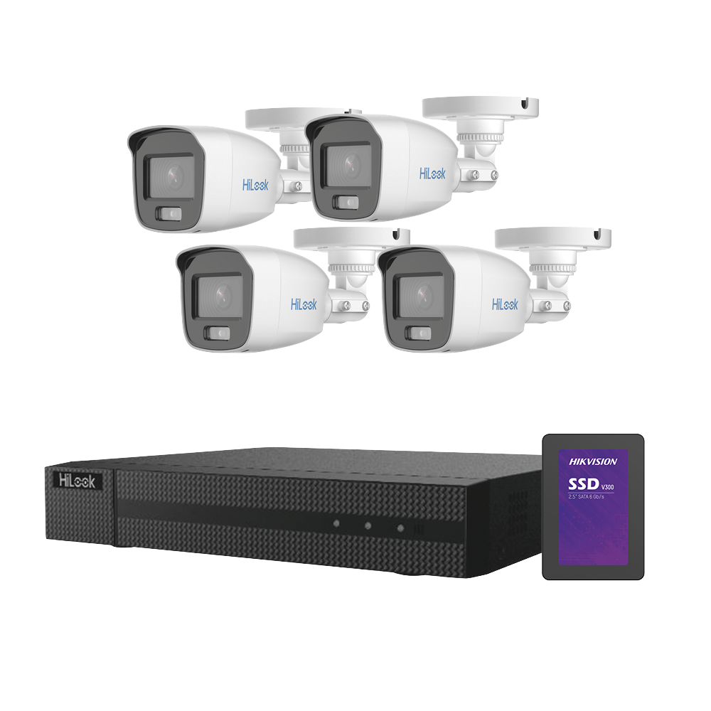 Kit TurboHD 1080p + SSD 1 TB / DVR 4 Canales / 4 Cámaras Bala ColorVu con Micrófono Integrado / Fuente de Poder / Accesorios de Instalación