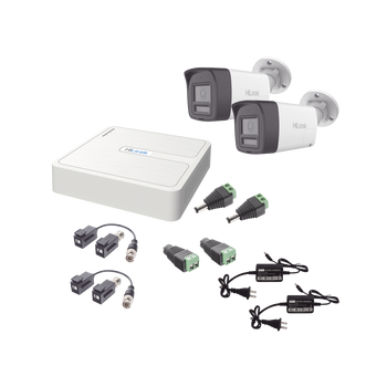Kit HiLook Audio Bidireccional TurboHD 1080p / DVR 4 Canales / 2 Camaras Bala (Exterior) con Bocina y Microfono Integrado / 2 Fuentes de Poder / Accesorios