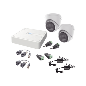 Kit HiLook Audio Bidireccional TurboHD 1080p / DVR 4 Canales / 2 Camaras Turret (Exterior) con Bocina y Microfono Integrado / 2 Fuentes de Poder / Accesorios