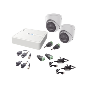 Kit HiLook Audio Bidireccional TurboHD 1080p / DVR 4 Canales / 2 Camaras Turret (Exterior) con Bocina y Microfono Integrado / 2 Fuentes de Poder / Accesorios