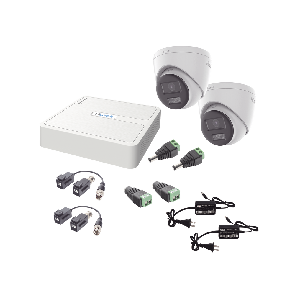 Kit HiLook Audio Bidireccional TurboHD 1080p / DVR 4 Canales / 2 Cámaras Turret (Exterior) con Bocina y Microfóno Integrado / 2 Fuentes de Poder / Accesorios
