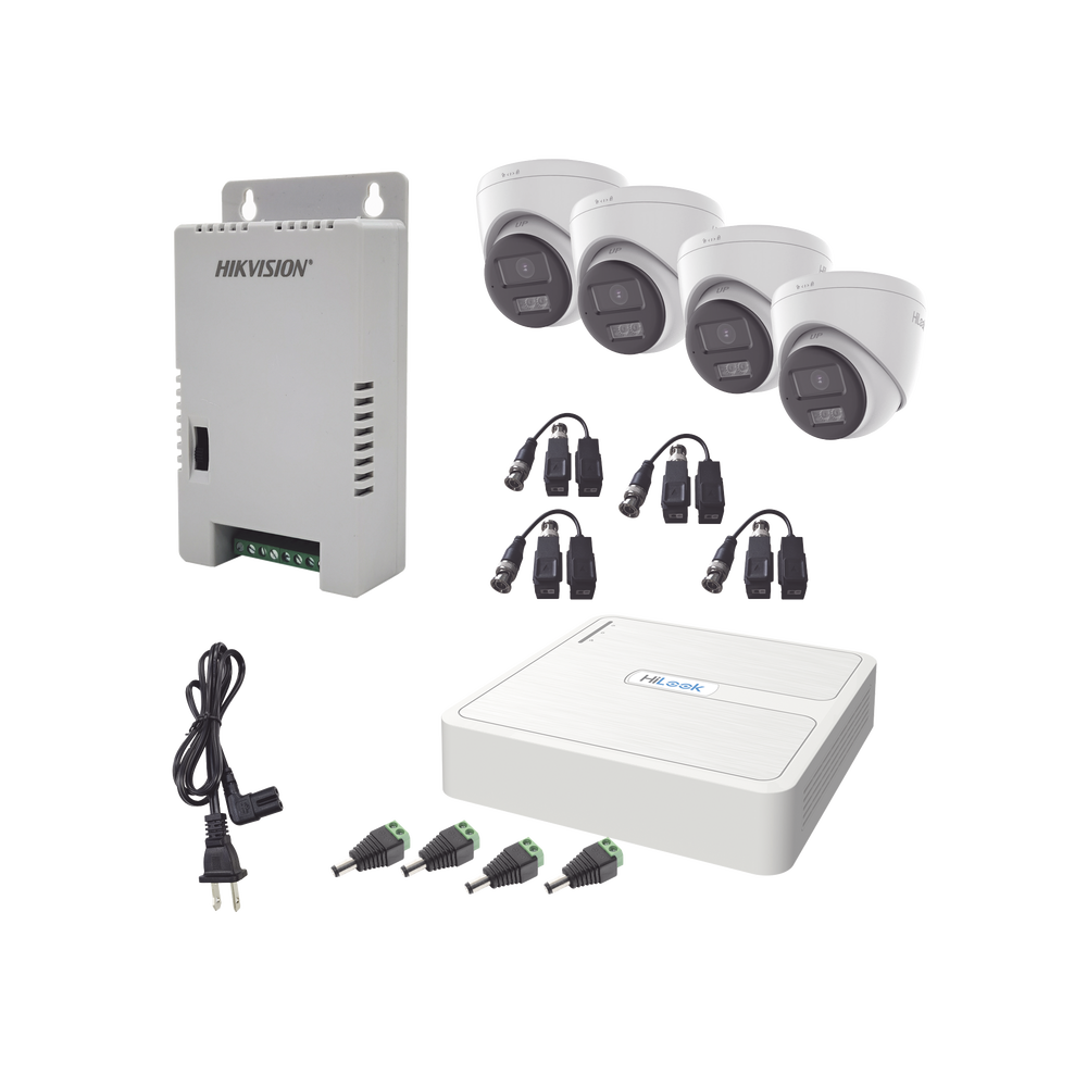 Kit HiLook Audio Bidireccional TurboHD 1080p / DVR 4 Canales / 4 Cámaras Eyeball (Exterior) con Bocina y Microfóno Integrado / 1 Fuente de Poder / Accesorios
