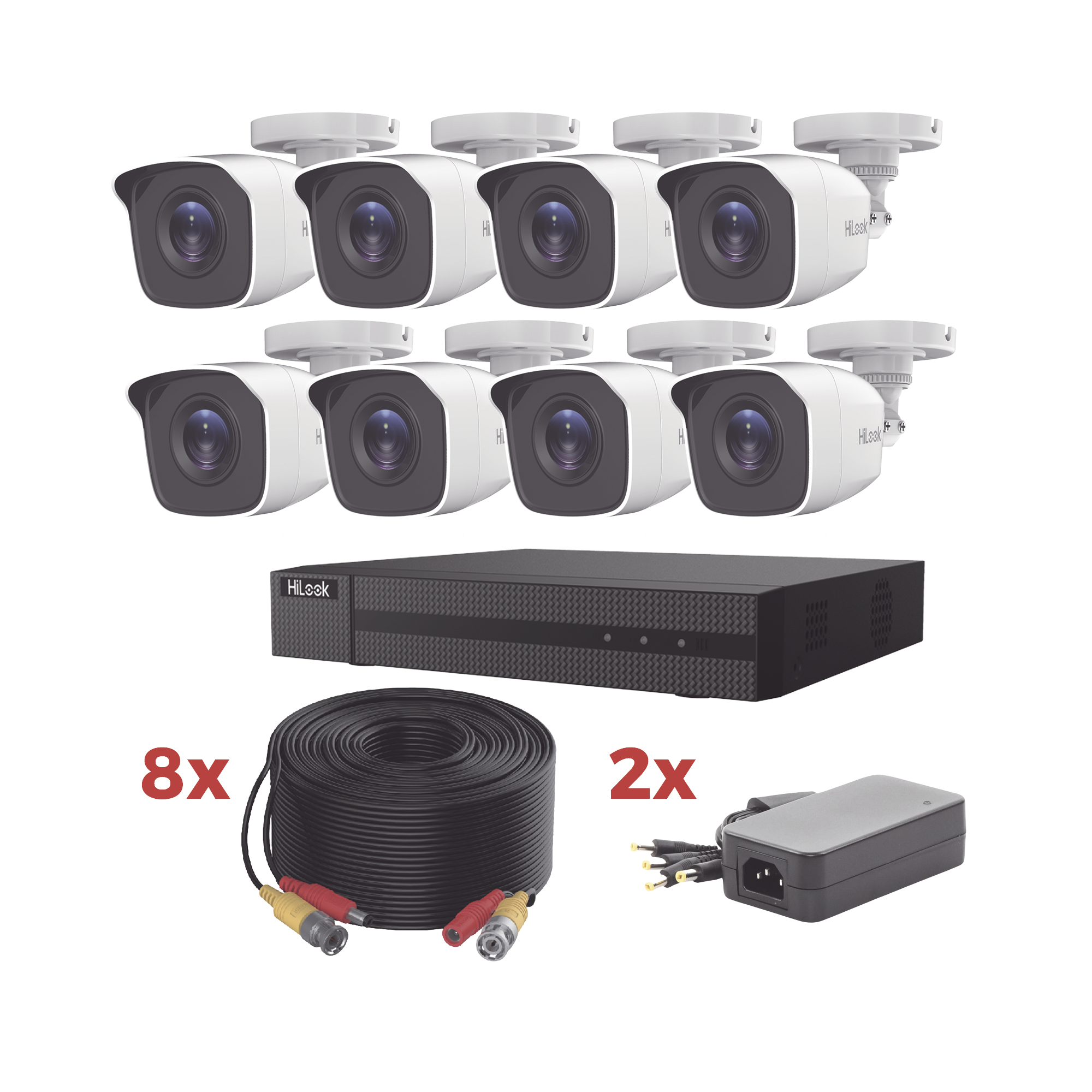 Kit TurboHD 1080p Lite con DVR de 8 Canales, 8 Cámaras Bala Metálicas 1080p, Incluye 8 Cables de 20 Metros y 2 Fuentes de 4 Canales