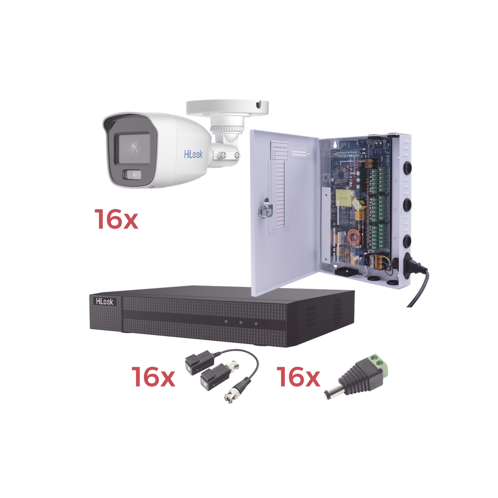 Kit TurboHD 1080p Lite / DVR 16 Canales / 16 Camaras Bala Exterior ( 2.8mm) con ColorVu + Microfono Integado / Transceptores / Conectores / Fuente de Poder Profesional