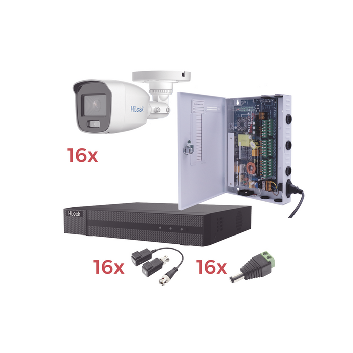 Kit TurboHD 1080p Lite / DVR 16 Canales / 16 Camaras Bala Exterior ( 2.8mm) con ColorVu + Microfono Integado / Transceptores / Conectores / Fuente de Poder Profesional