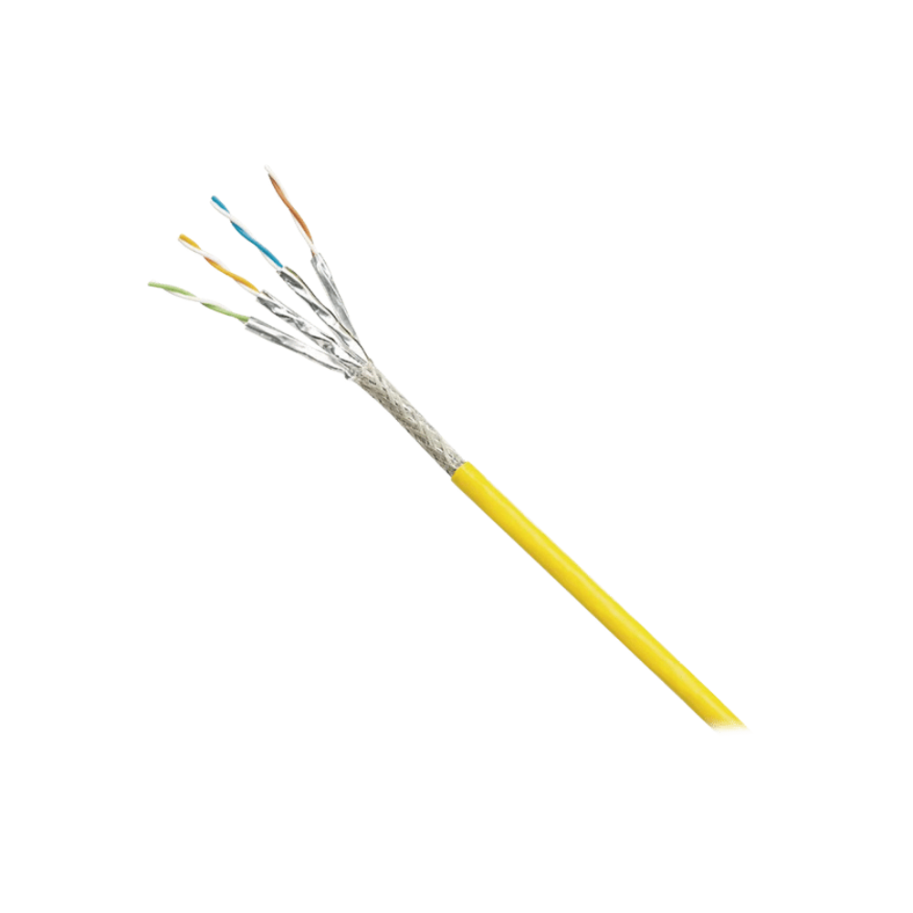 Bobina de Cable Blindado S/FTP Cat6A, Resistencia al Aceite, Rayos UV y Abrasión, Multifilar (Flexible), Amarillo, 500m