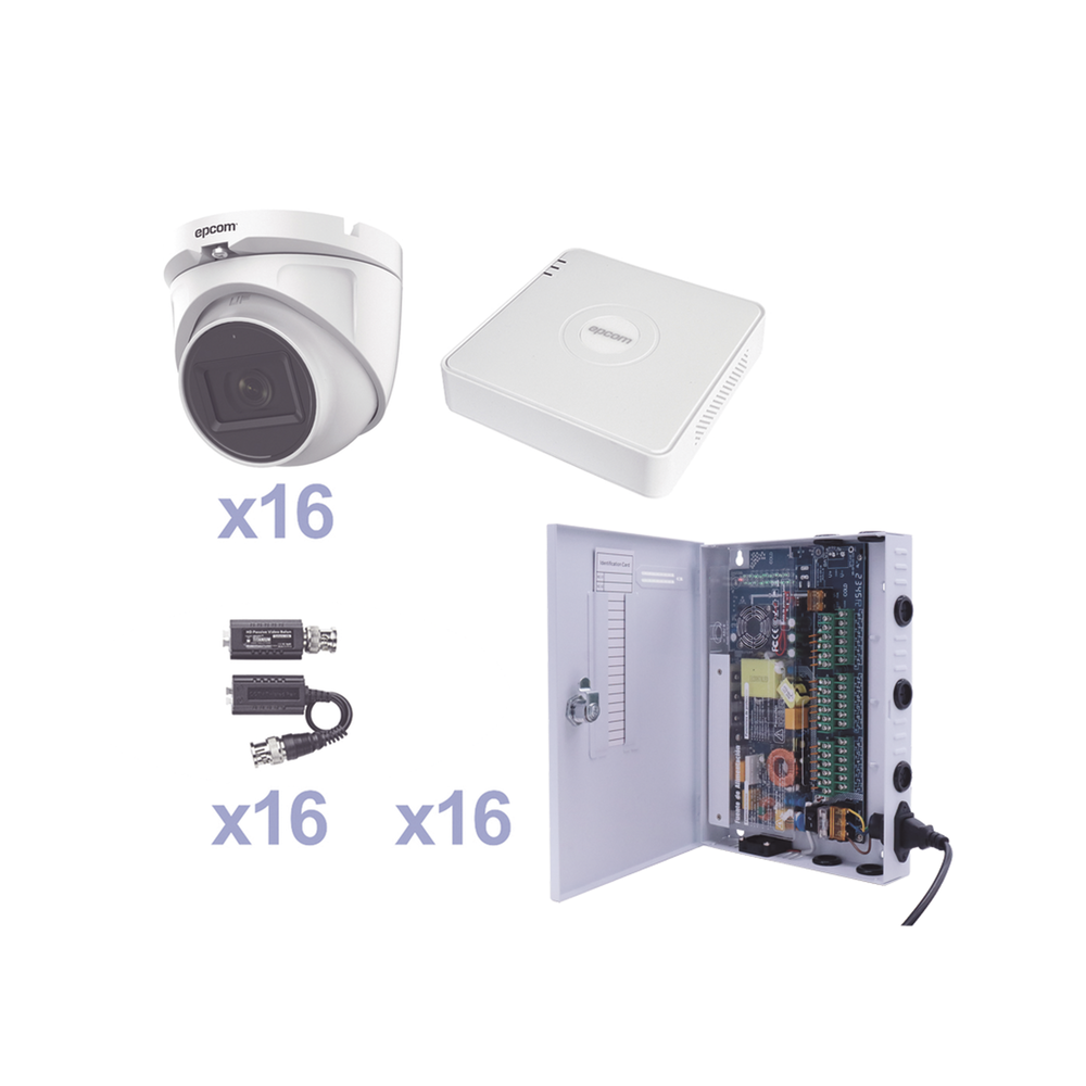 KIT TurboHD 1080p Lite / DVR 16 Canales / 16 Camaras Eyeball  Exterior ( 2.8mm) / Transceptores / Conectores / Fuente de Poder Profesional