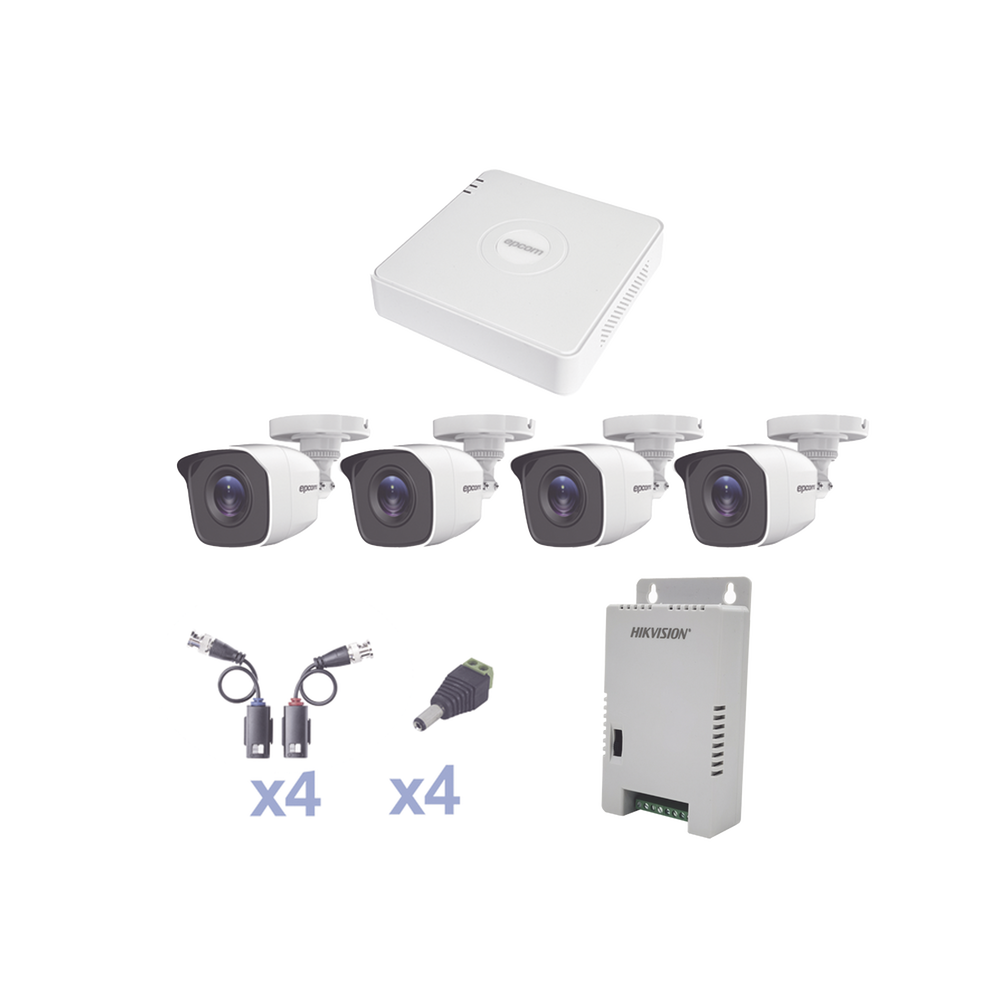 KIT TurboHD 1080 Lite / DVR 4 Canales / 4 Camaras Bala (exterior 2.8 mm) / Transceptores / Conectores / Fuente de Poder Profesional