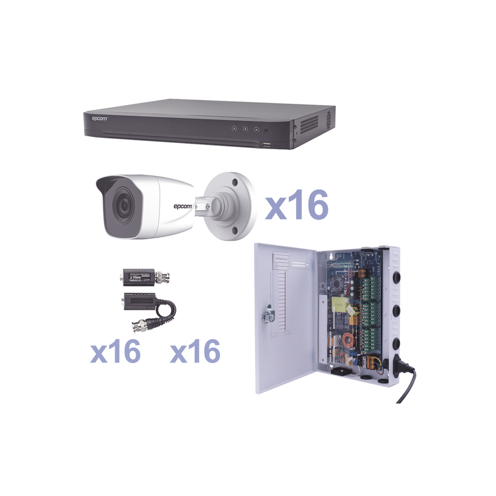 KIT TurboHD 1080p / DVR 16 Canales / 16 Camaras Bala (exterior 2.8 mm) / Transceptores / Conectores / Fuente de Poder Profesional