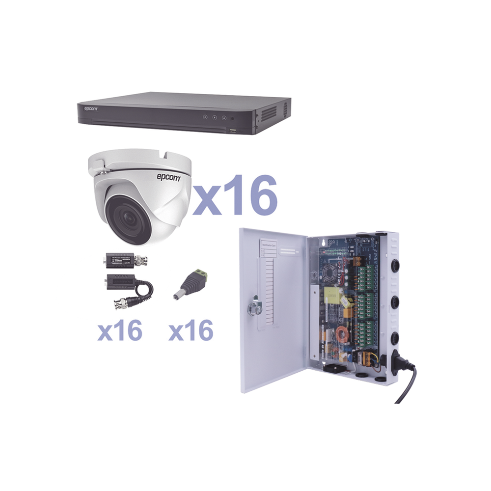 KIT TurboHD 1080p / DVR 16 Canales / 16 Camaras Eyeball (exterior 2.8 mm) / Transceptores / Conectores / Fuente de Poder Profesional