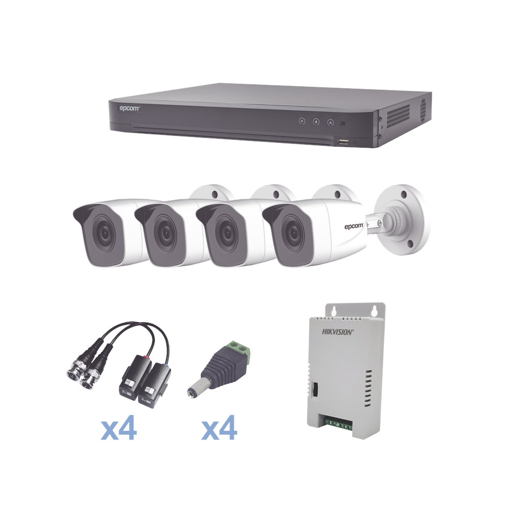 KIT TurboHD 1080p / DVR 4 Canales / 4 Camaras Bala Metalicas (exterior 2.8 mm) / Transceptores / Conectores / Fuente de Poder Profesional