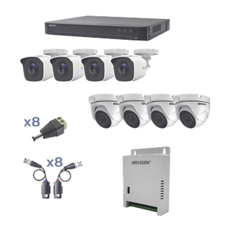 KIT TurboHD 1080p / DVR 8 Canales / 4 Camaras Bala (exterior 2.8 mm) / 4 Camaras Eyeball (exterior 2.8 mm) / Transceptores / Conectores / Fuente de Poder Profesional hasta 15 Vcc para Largas Distancias