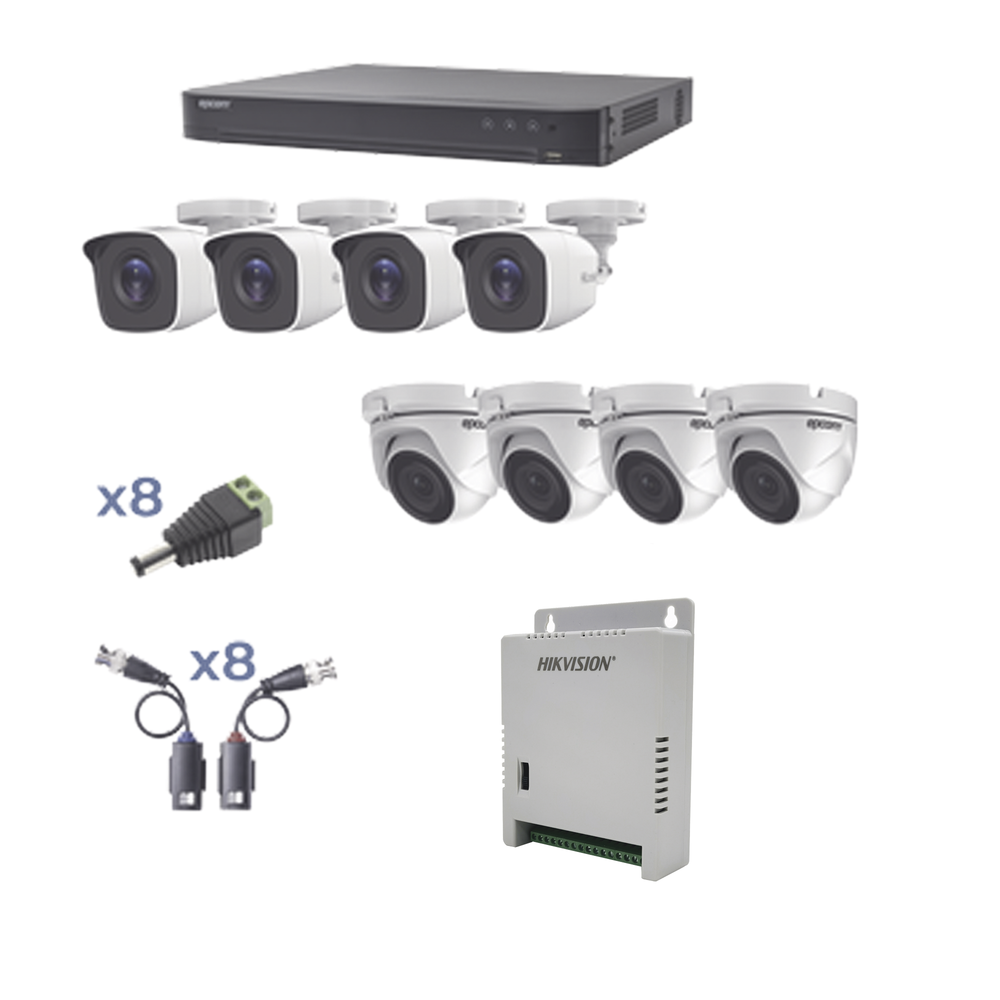 KIT TurboHD 1080p / DVR 8 Canales / 4 Camaras Bala (exterior 2.8 mm) / 4 Camaras Eyeball (exterior 2.8 mm) / Transceptores / Conectores / Fuente de Poder Profesional hasta 15 Vcc para Largas Distancias